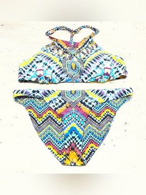 Red Carter Bikini Set Womens Large 10 Multicolor Geometric Halter Strappy